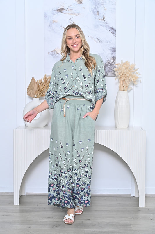 Small Floral Linen Pant with Belt