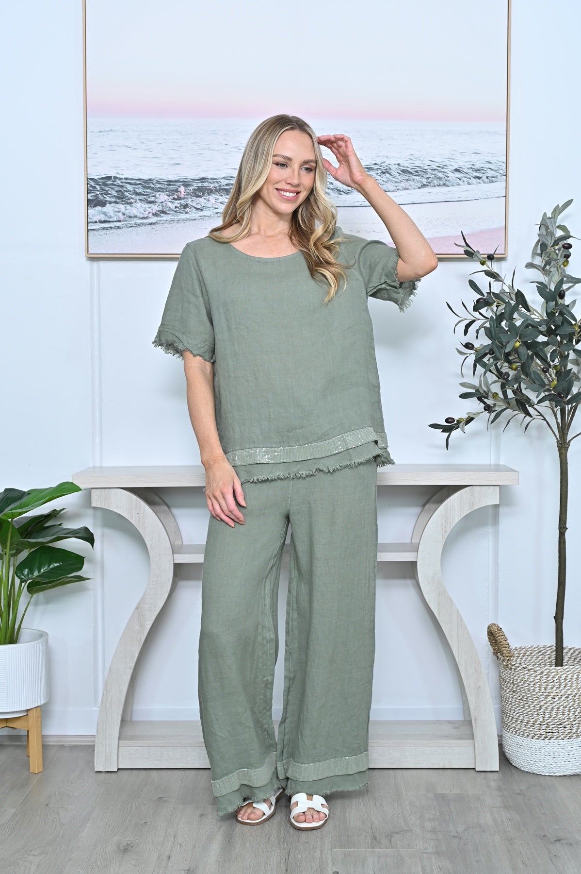 Sequin Hem White Fringe Linen Top Khaki