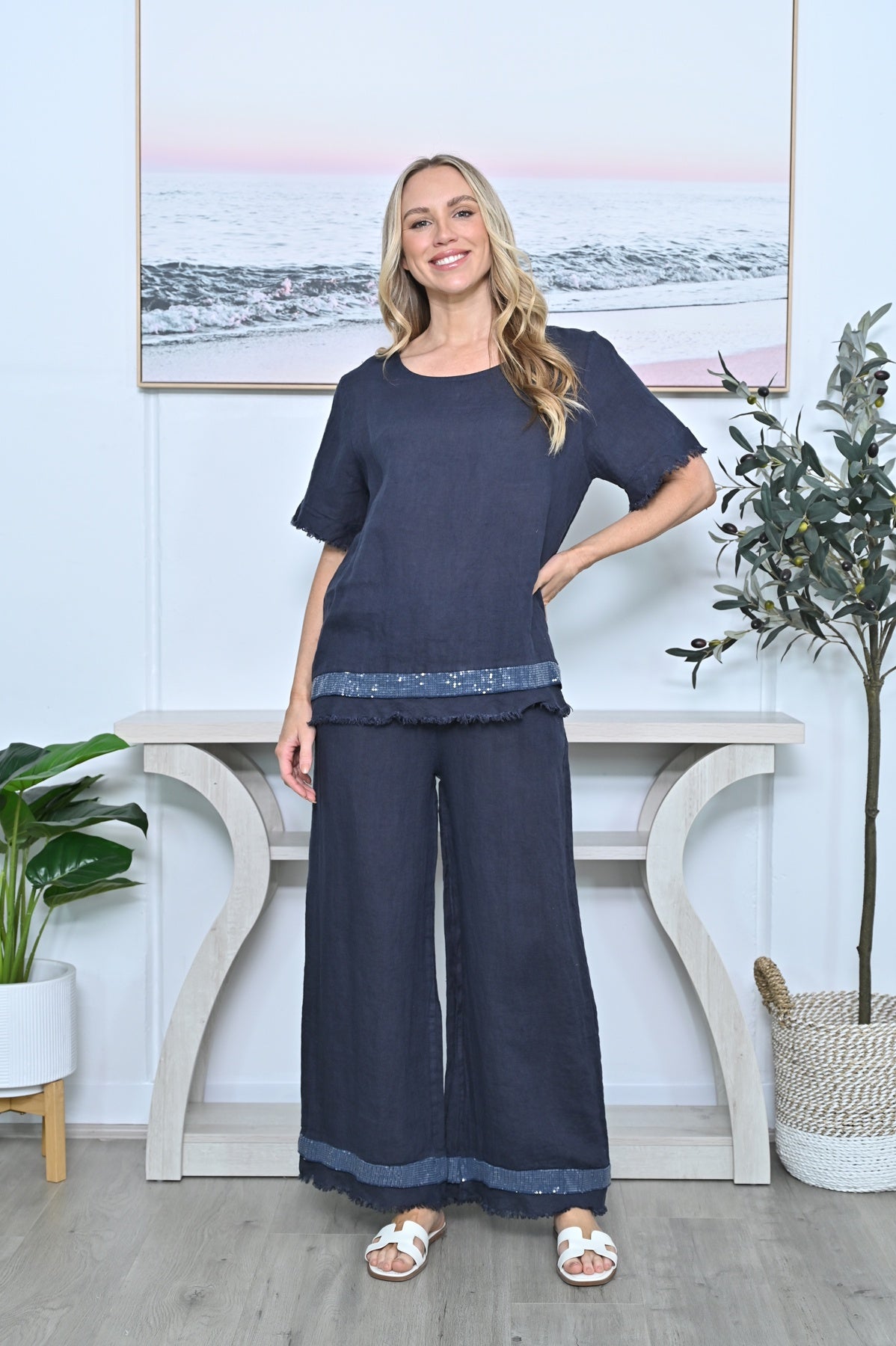 Sequin Hem White Fringe Linen Top Navy