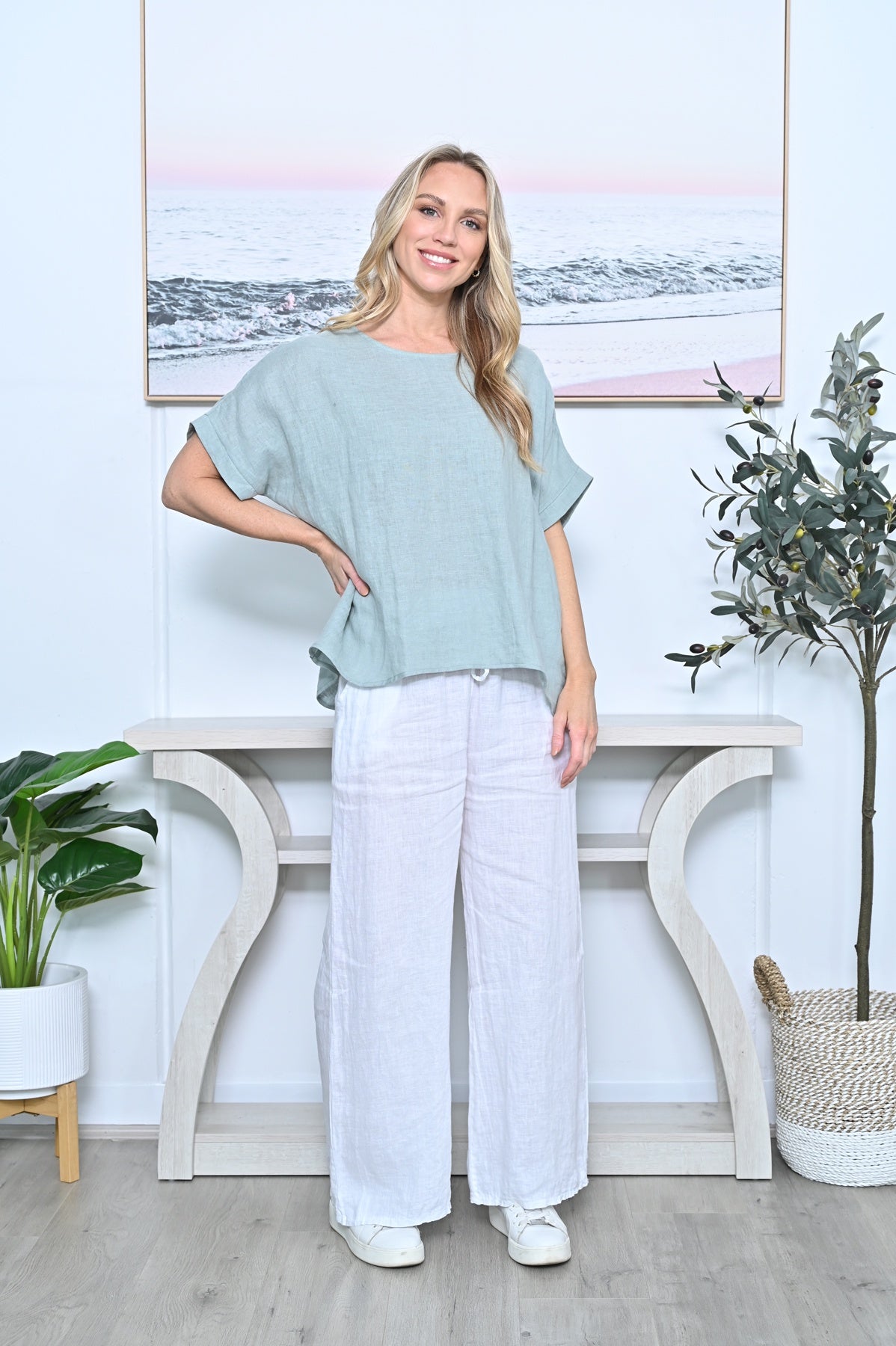 Loose Fit Basic Linen Top Sea Green