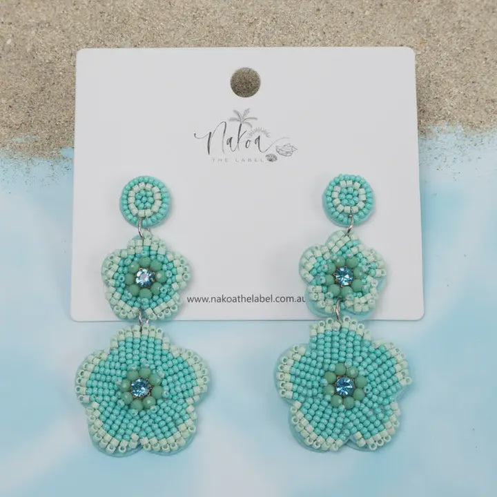 Flower Duo Beaded Earrings - Light Blue Green