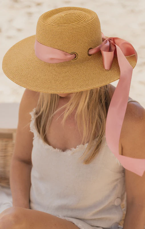 Priya Wide Brim Pink Ribbon
