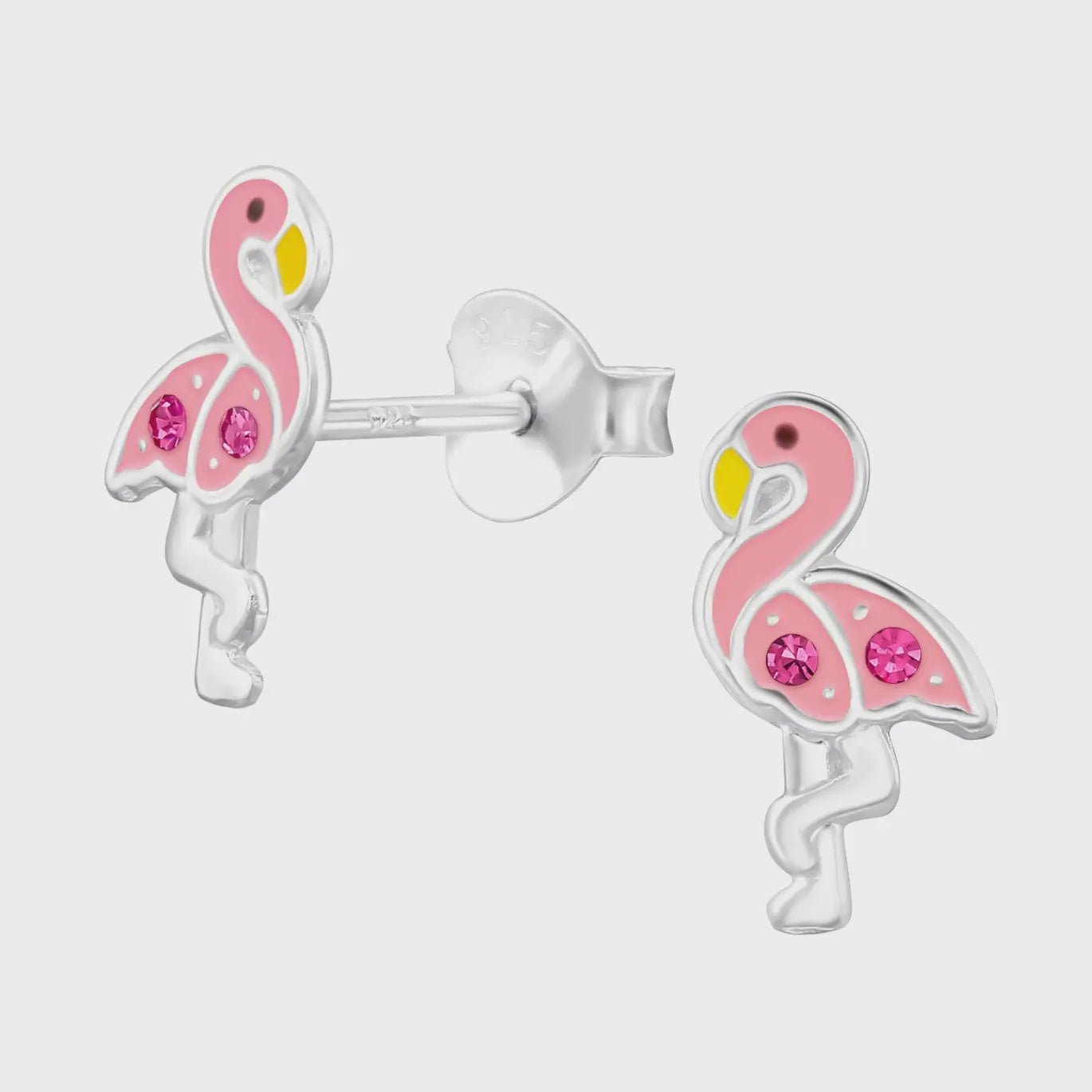 Silver Flamingo Stud Earrings - Crystal and Epoxy - Light Pink