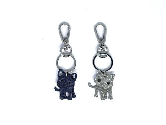 Glitter Cat Leather Keyring - Silver