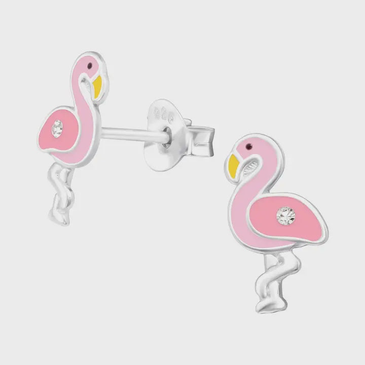 Silver Flamingo Stud Earrings - Crystal and Epoxy - Pin