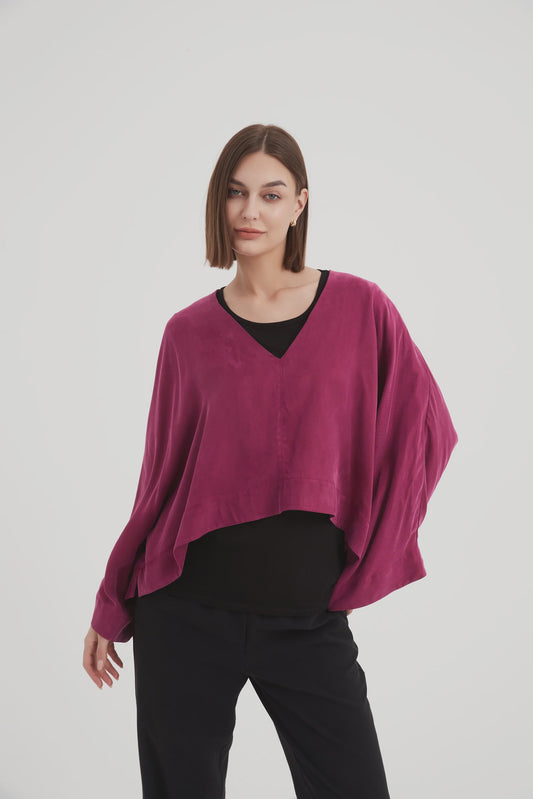V Neck Oversized Layer Top Fuschia