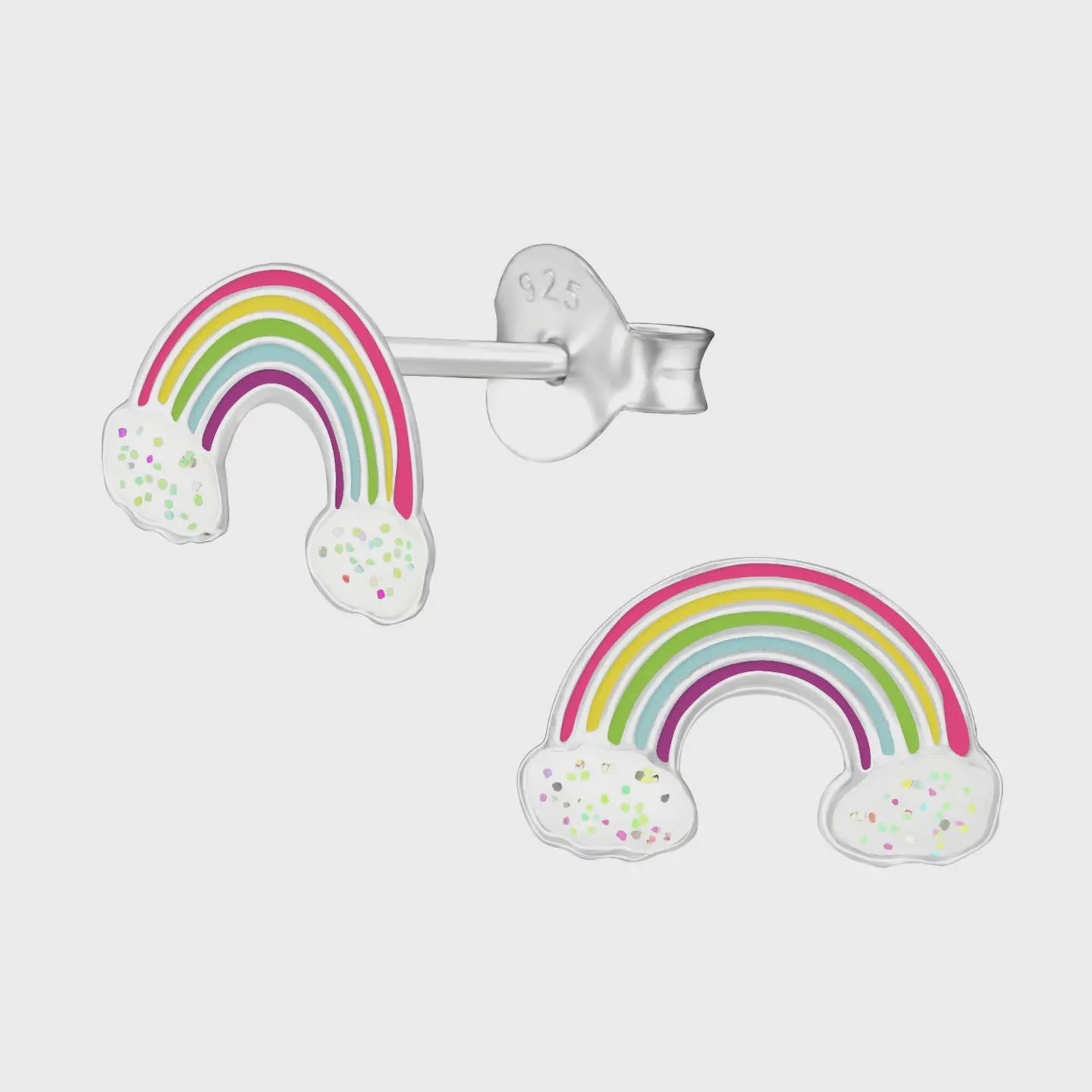 Silver Rainbow Stud Earrings - Epoxy - Glitter - Pink