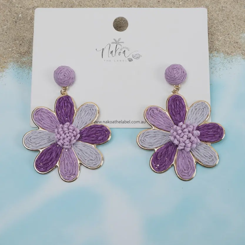 Daisy Delight Raffia Earrings - Purple