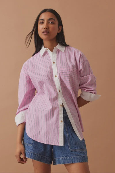 PETA OVERSIZED SHIRT/HIBISCUS PINK TRIPLE STRIPE WHITE COLLAR