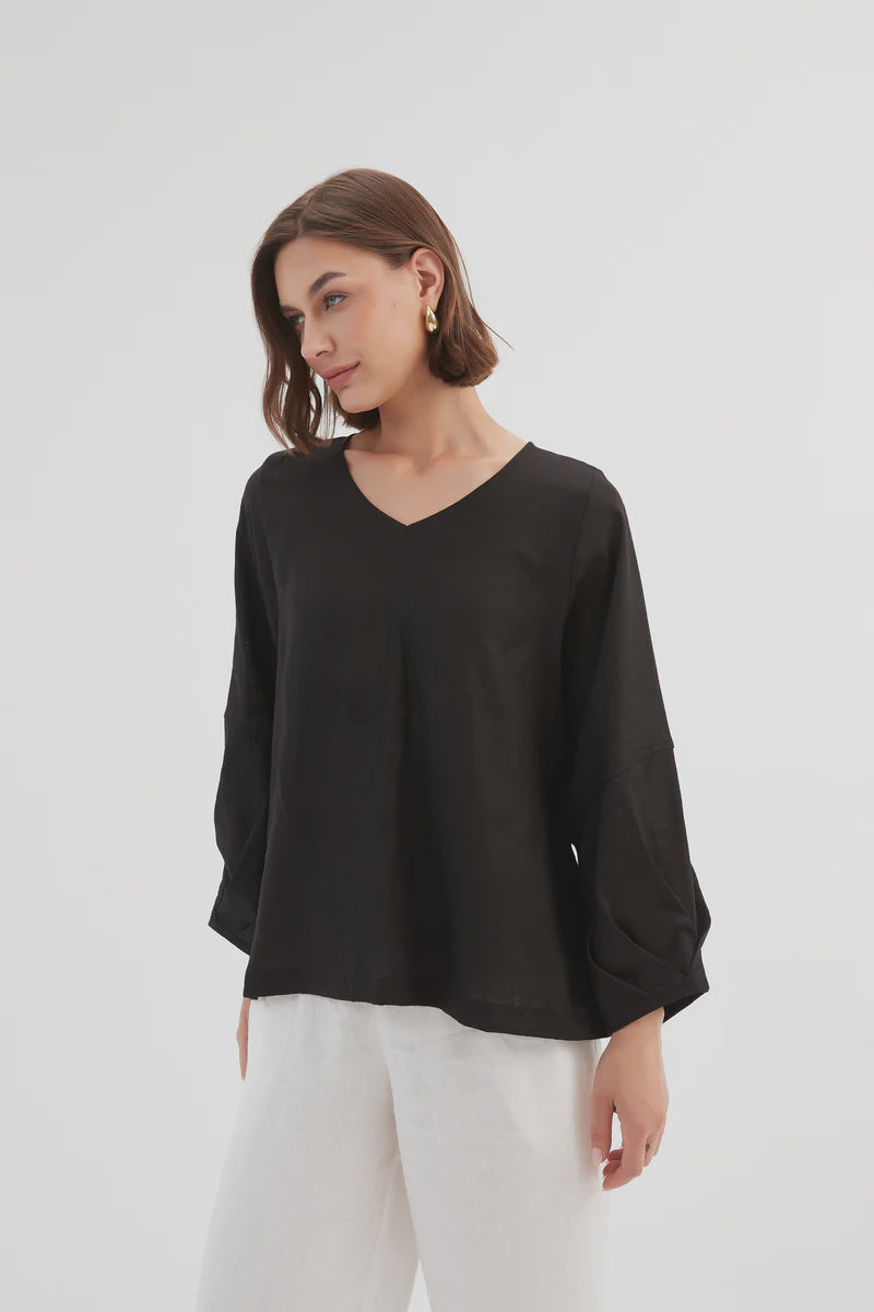 BISHOP LONG SLEEVE LINEN TOP BLACK