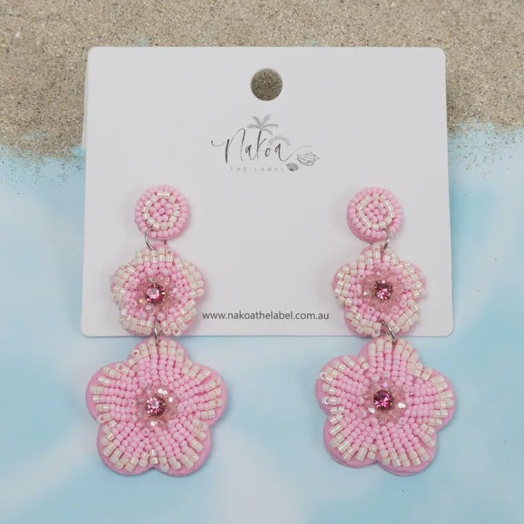 Flower Duo Beaded Earrings - Light Pink
