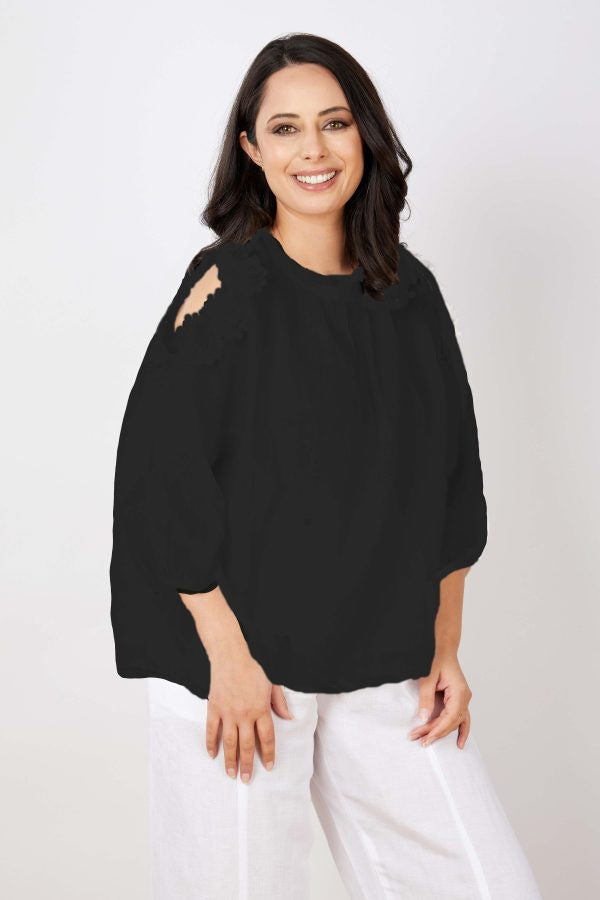 Abigail Shoulder Detail Linen Top Black (One Size)