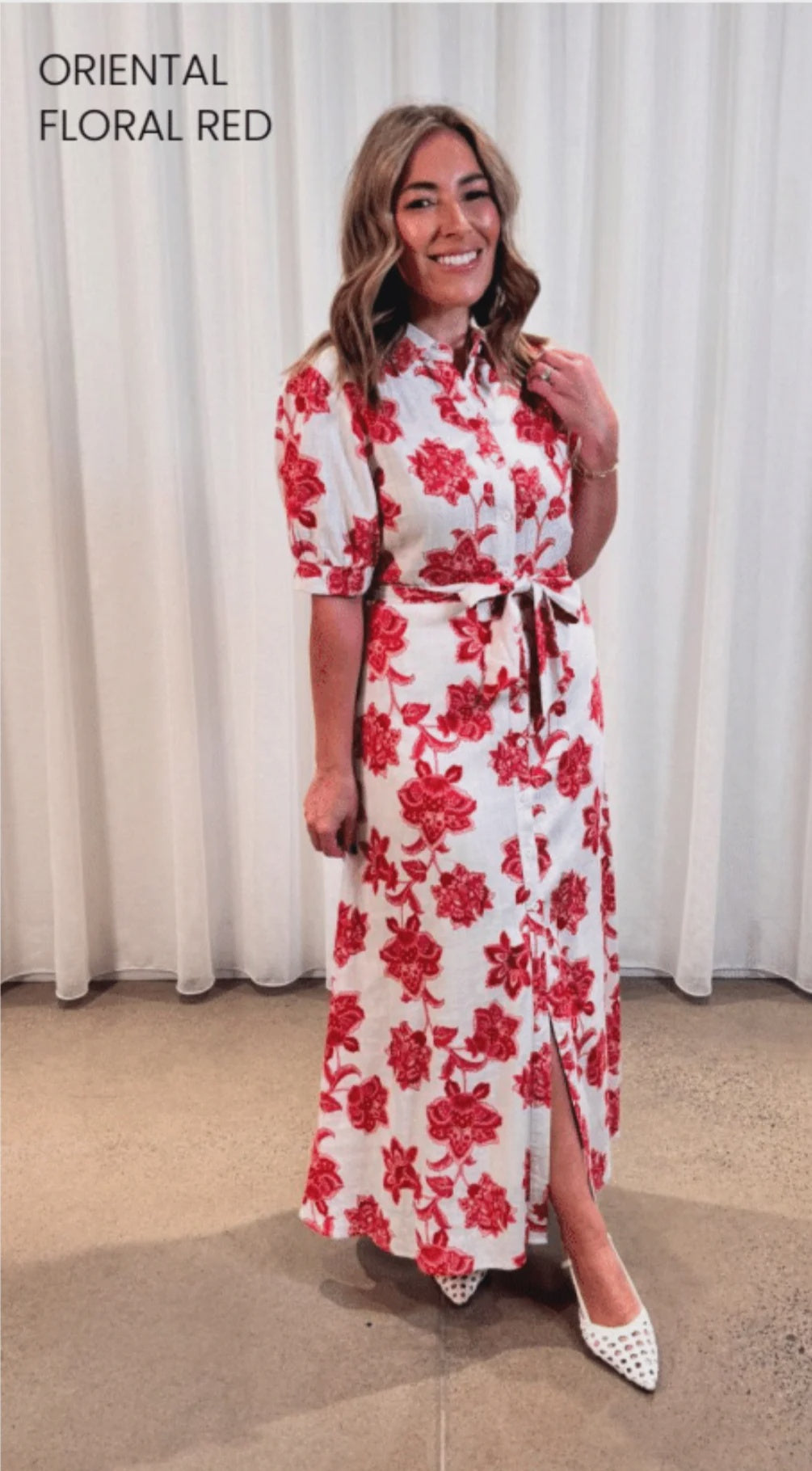 Shirt Dress with Short Sleeve Oriental Floral Red