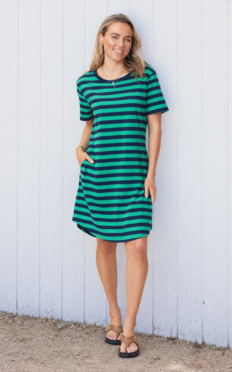 Vacay Dress -Navy With Green Stripe