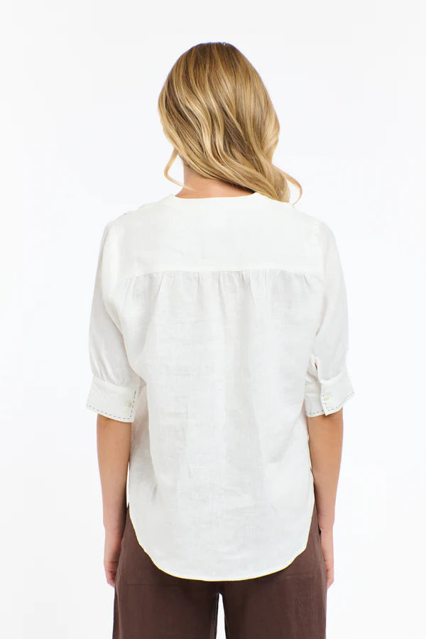 Bradley Linen Stitch Top - White & Chocolate