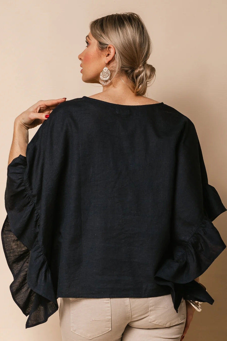 Lena Linen Blend Top Navy