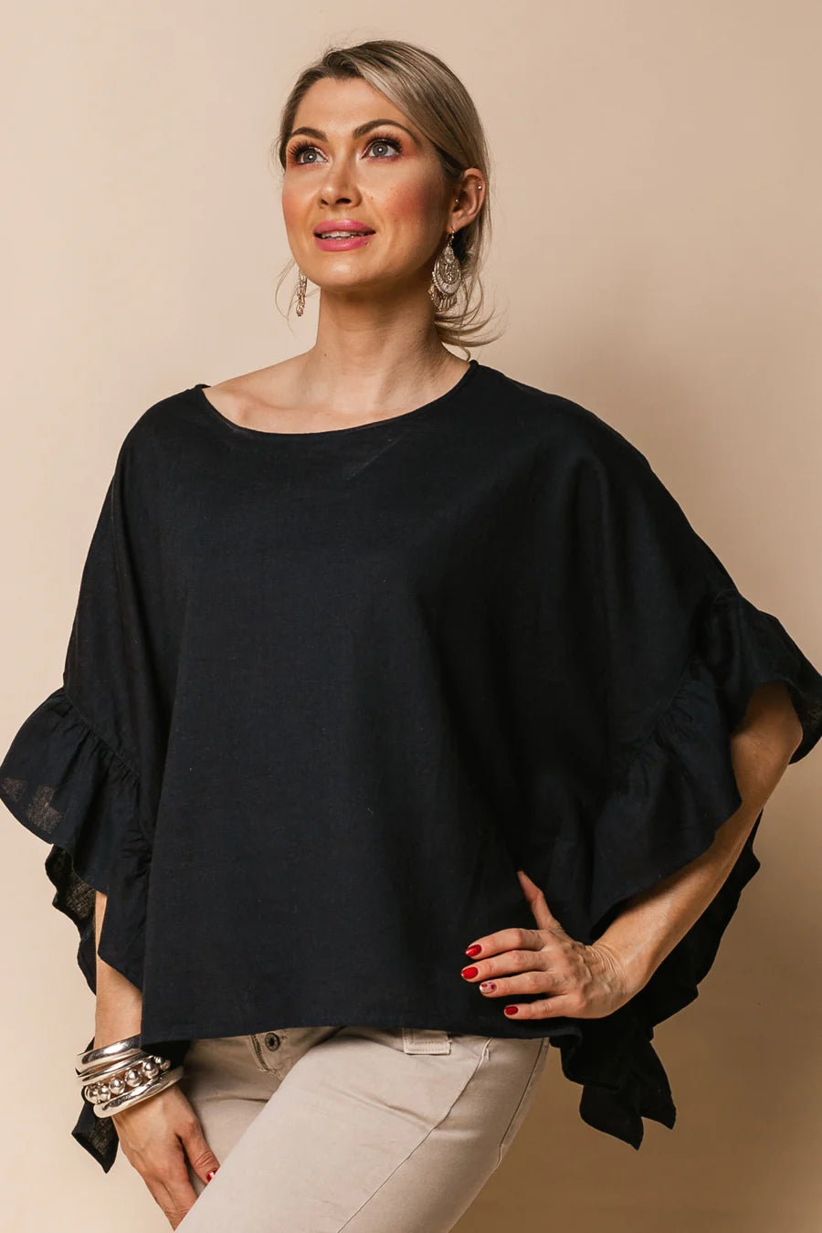 Lena Linen Blend Top Navy
