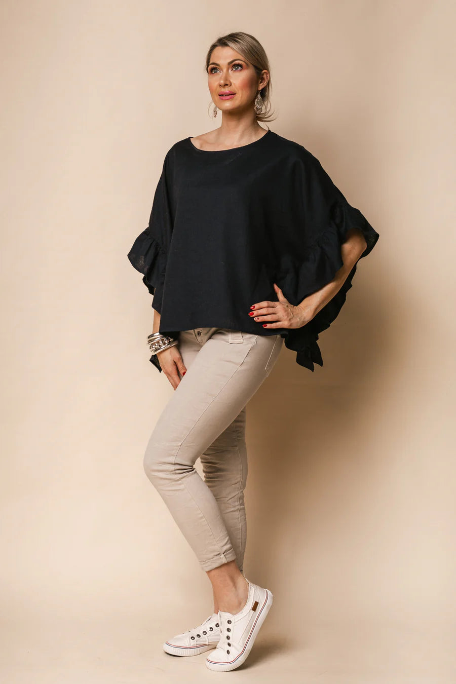 Lena Linen Blend Top Navy