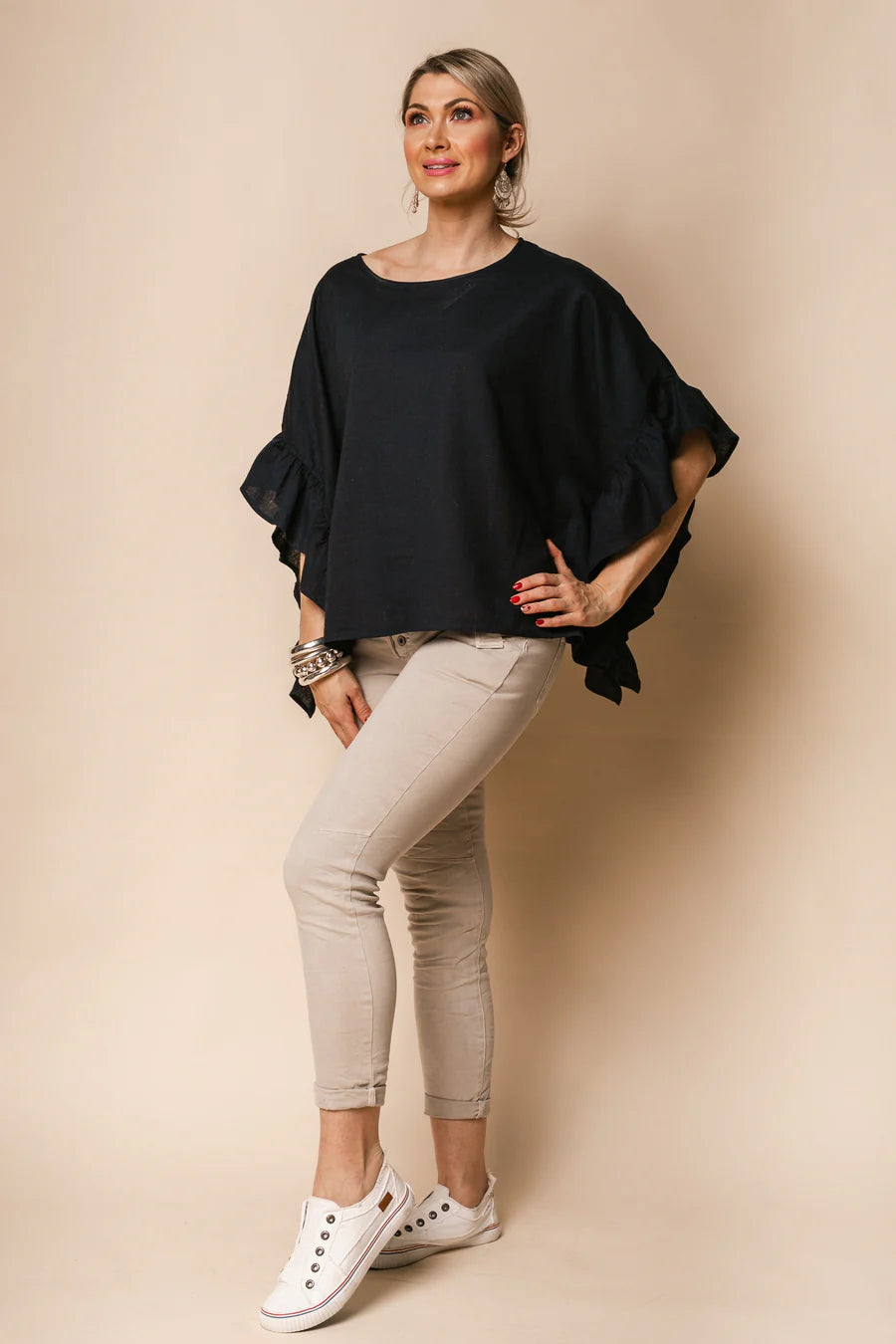 Lena Linen Blend Top Navy