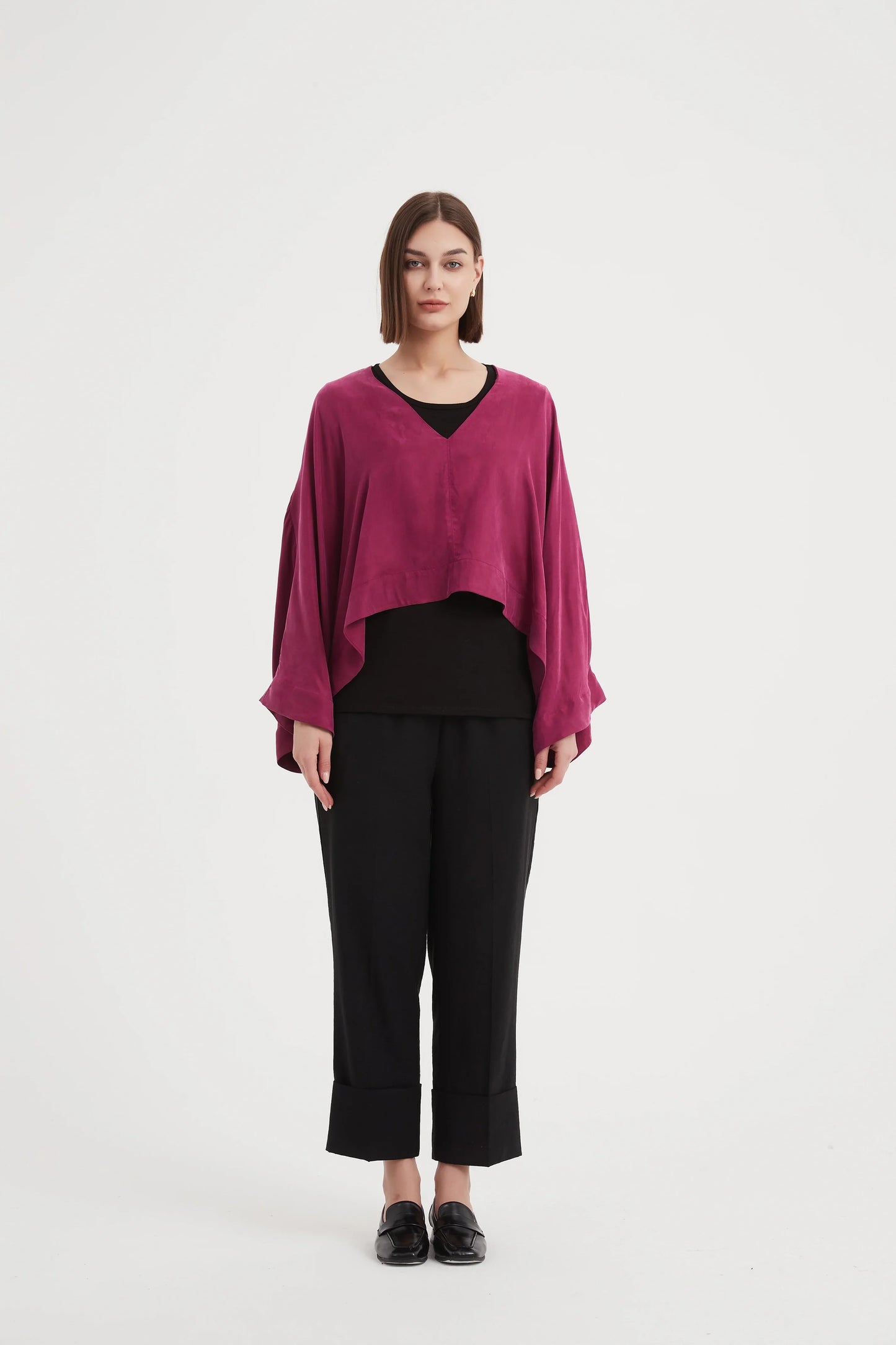 V Neck Oversized Layer Top Fuschia