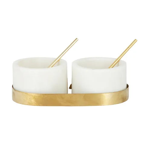 Mina Set of 2 Marble Bowls with Tray White & Gold