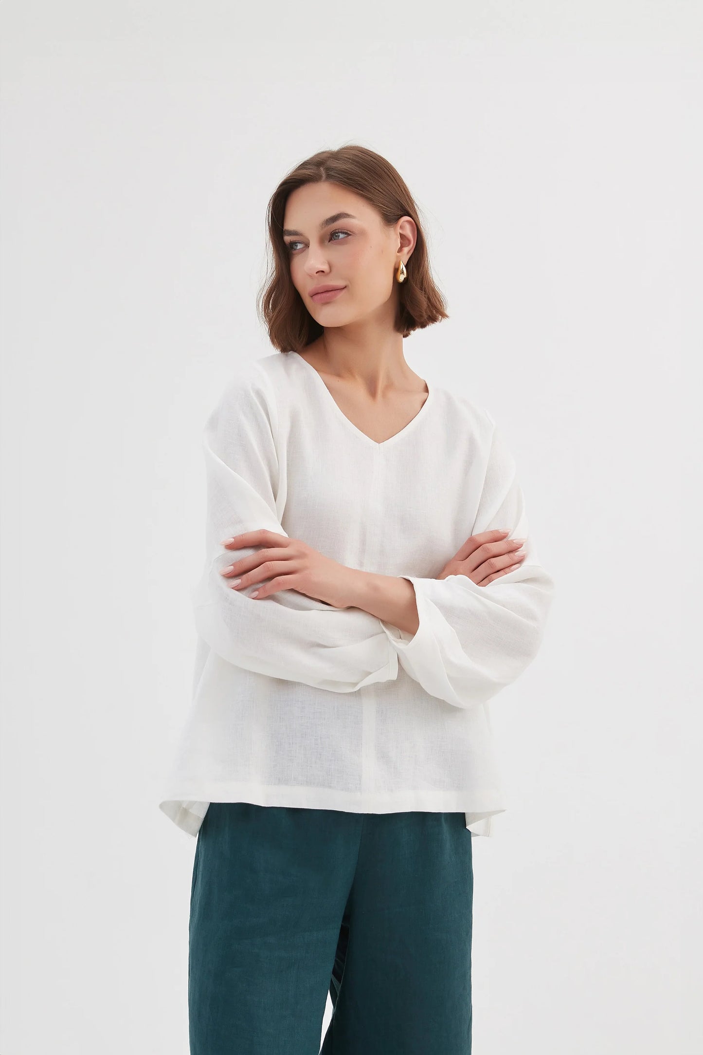 BISHOP LONG SLEEVE LINEN TOP WHITE