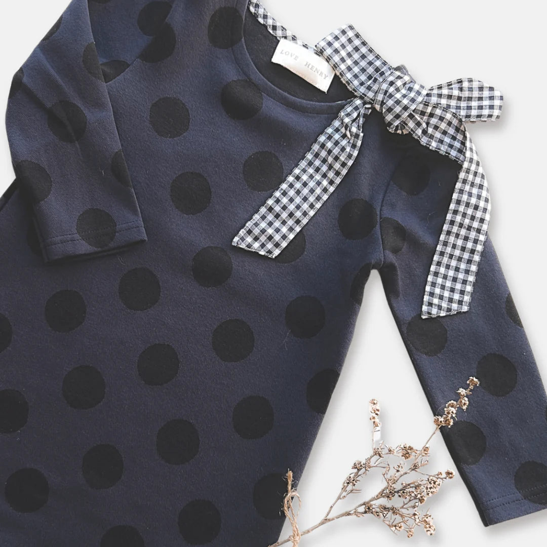 Girls Mary Dress - Navy & Black Spot