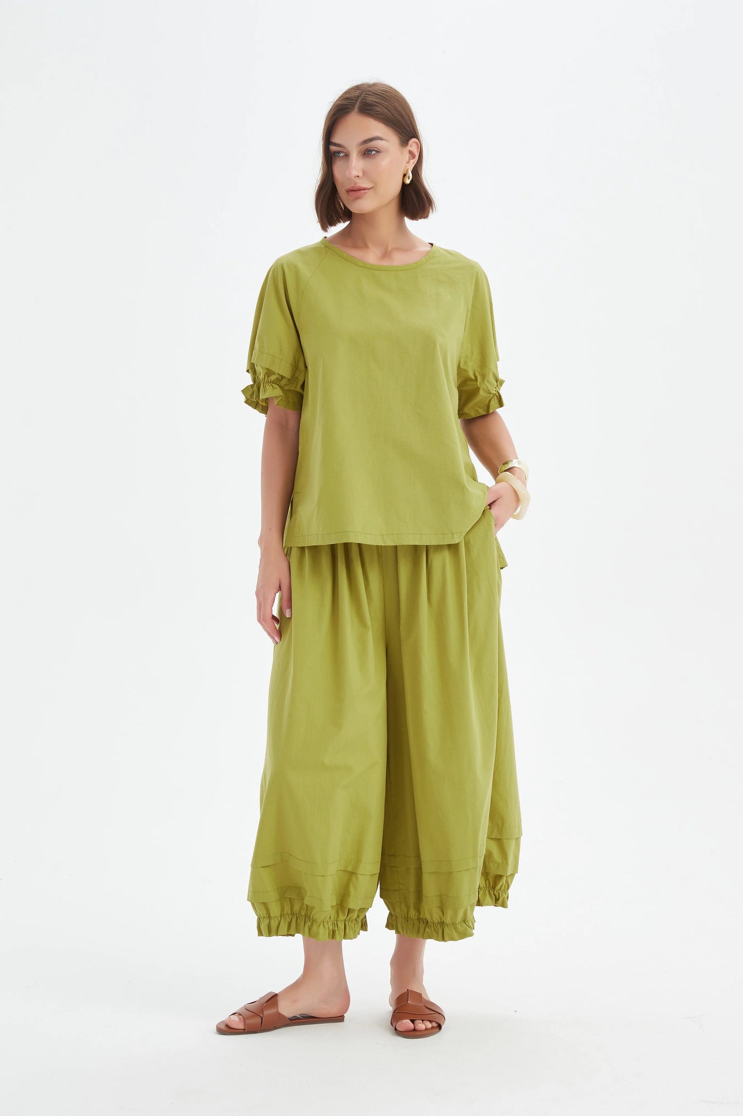 Ruffle Sleeve Top Split Pea