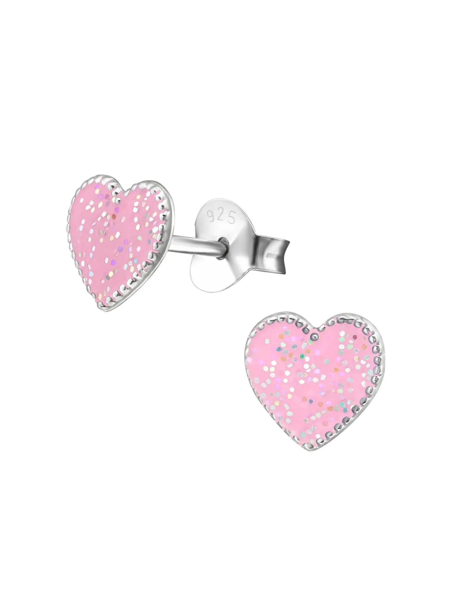 Silver Heart Stud Earrings - Epoxy Light Pink Glitter