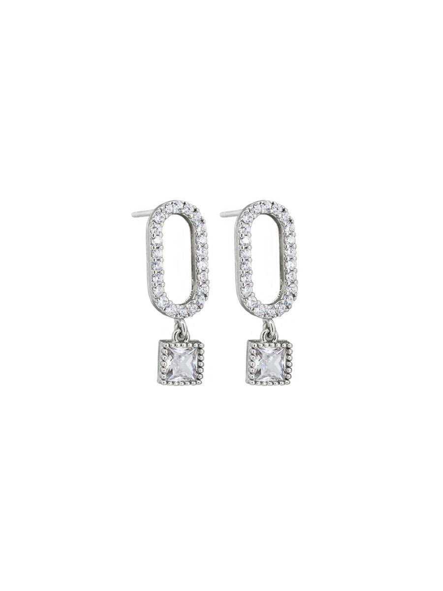 Silver Oval Crystal Earrings