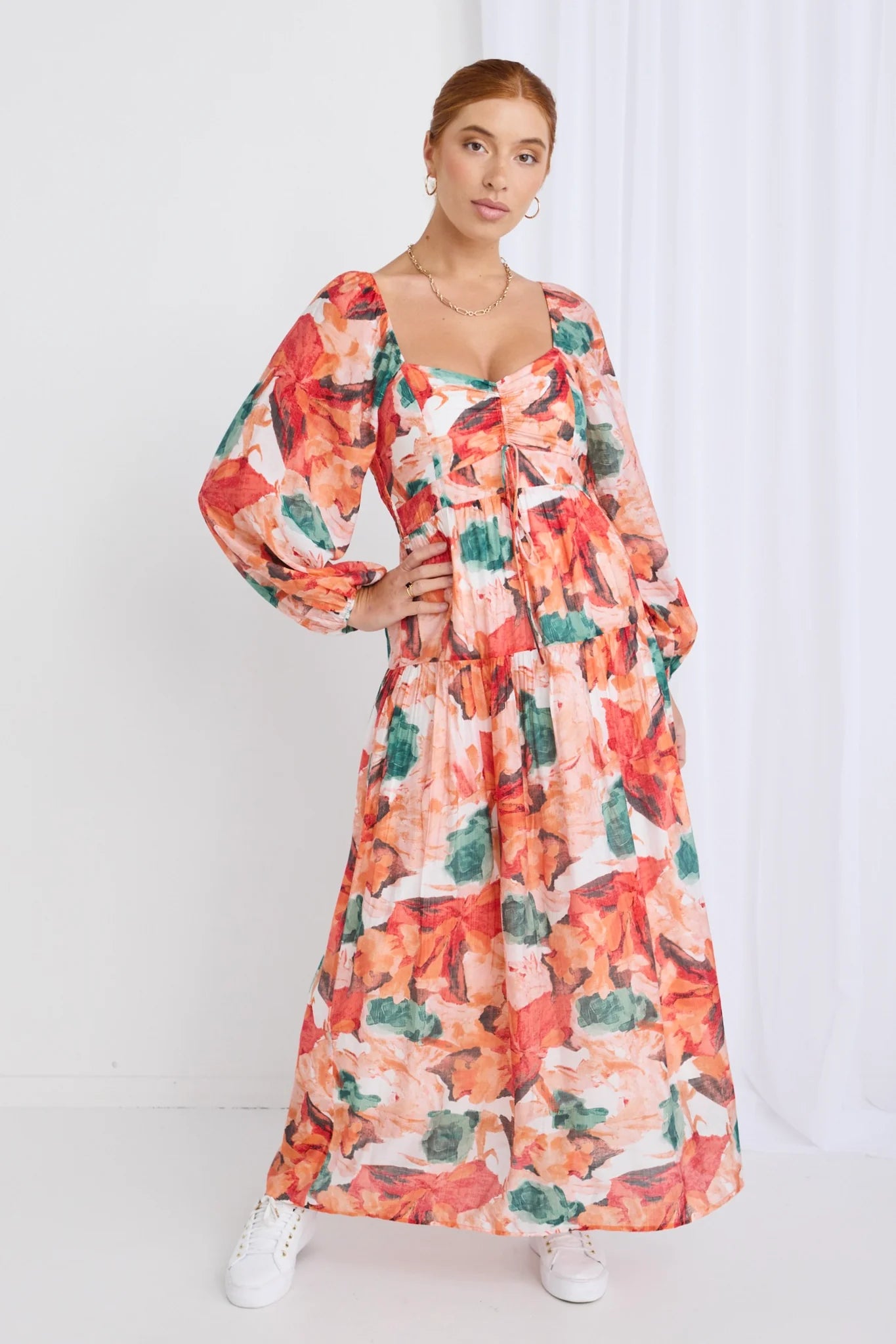 Ornelle Orange Watercolour Long Sleeve Tiered Maxi Dress