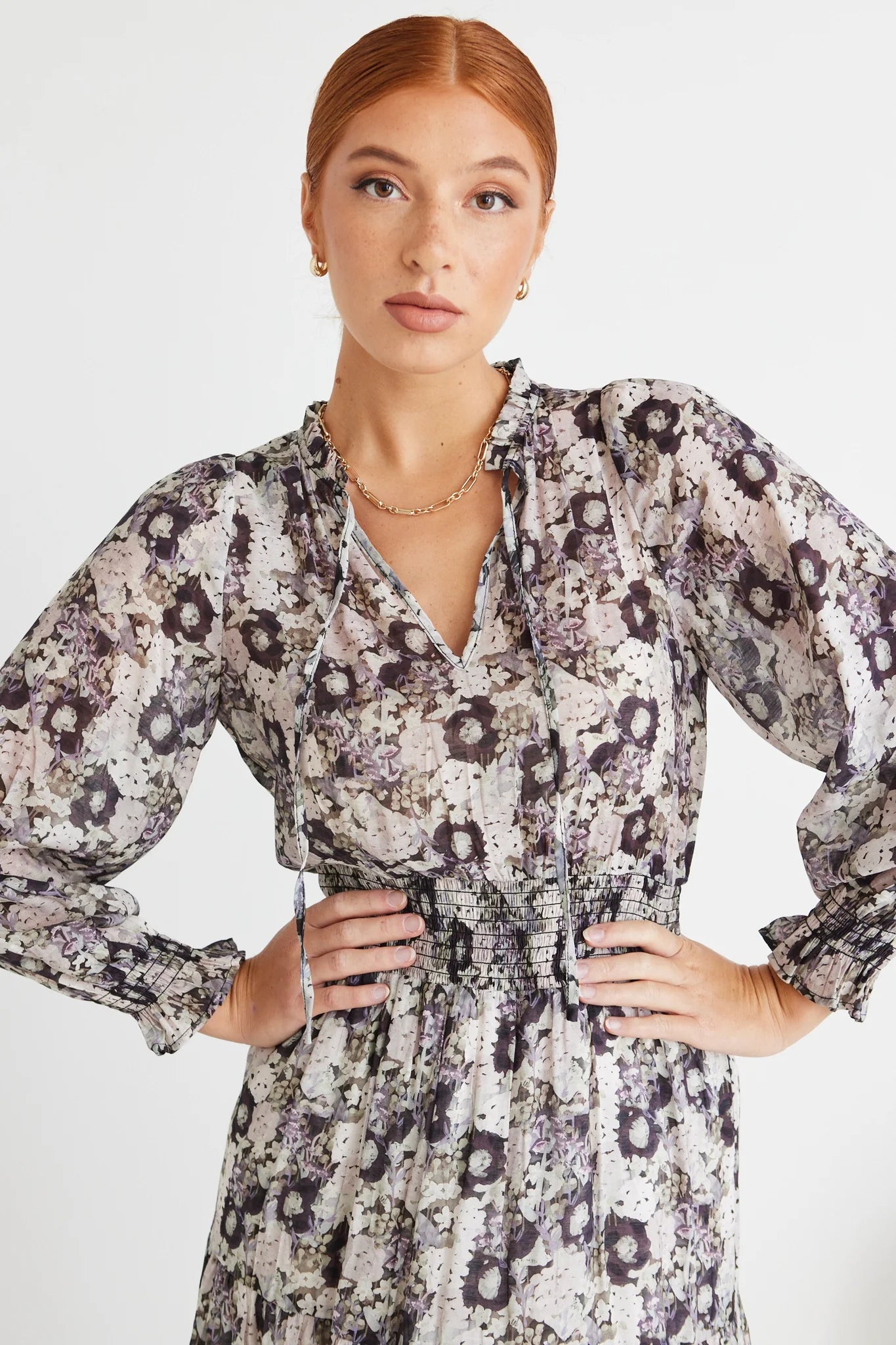 Charlie Lilac Garden Long Sleeve V Neck Tiered Maxi Dress