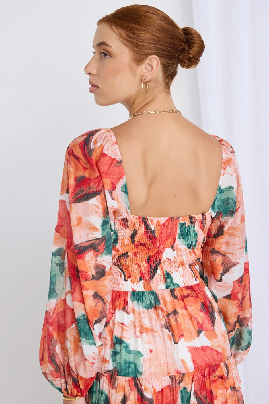 Ornelle Orange Watercolour Long Sleeve Tiered Maxi Dress