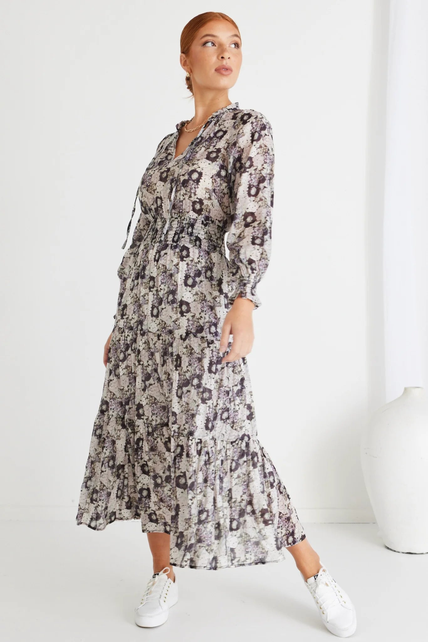 Charlie Lilac Garden Long Sleeve V Neck Tiered Maxi Dress