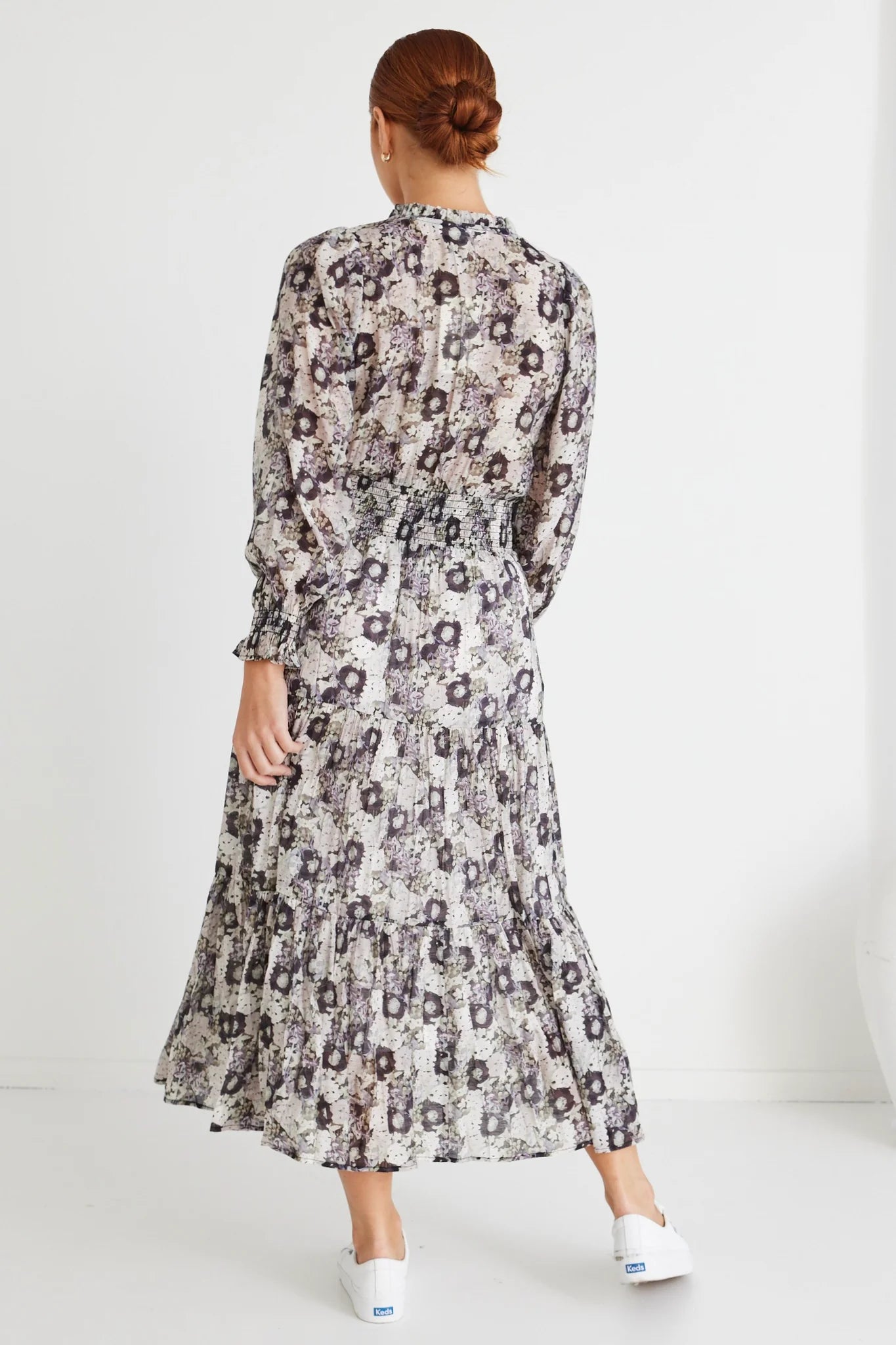 Charlie Lilac Garden Long Sleeve V Neck Tiered Maxi Dress