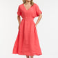 Linen Cinched Waist Dress - Coral - One Size