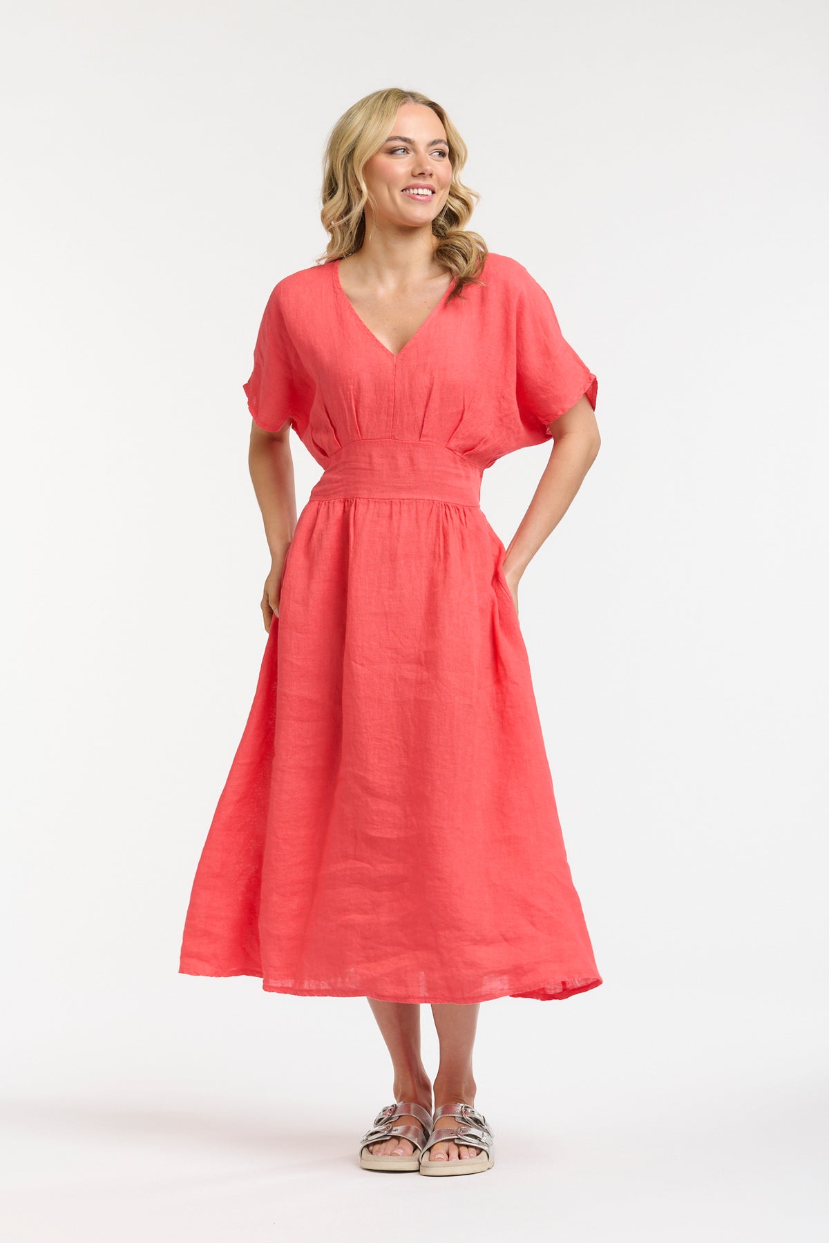 Linen Cinched Waist Dress - Coral - One Size