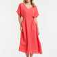 Linen Cinched Waist Dress - Coral - One Size