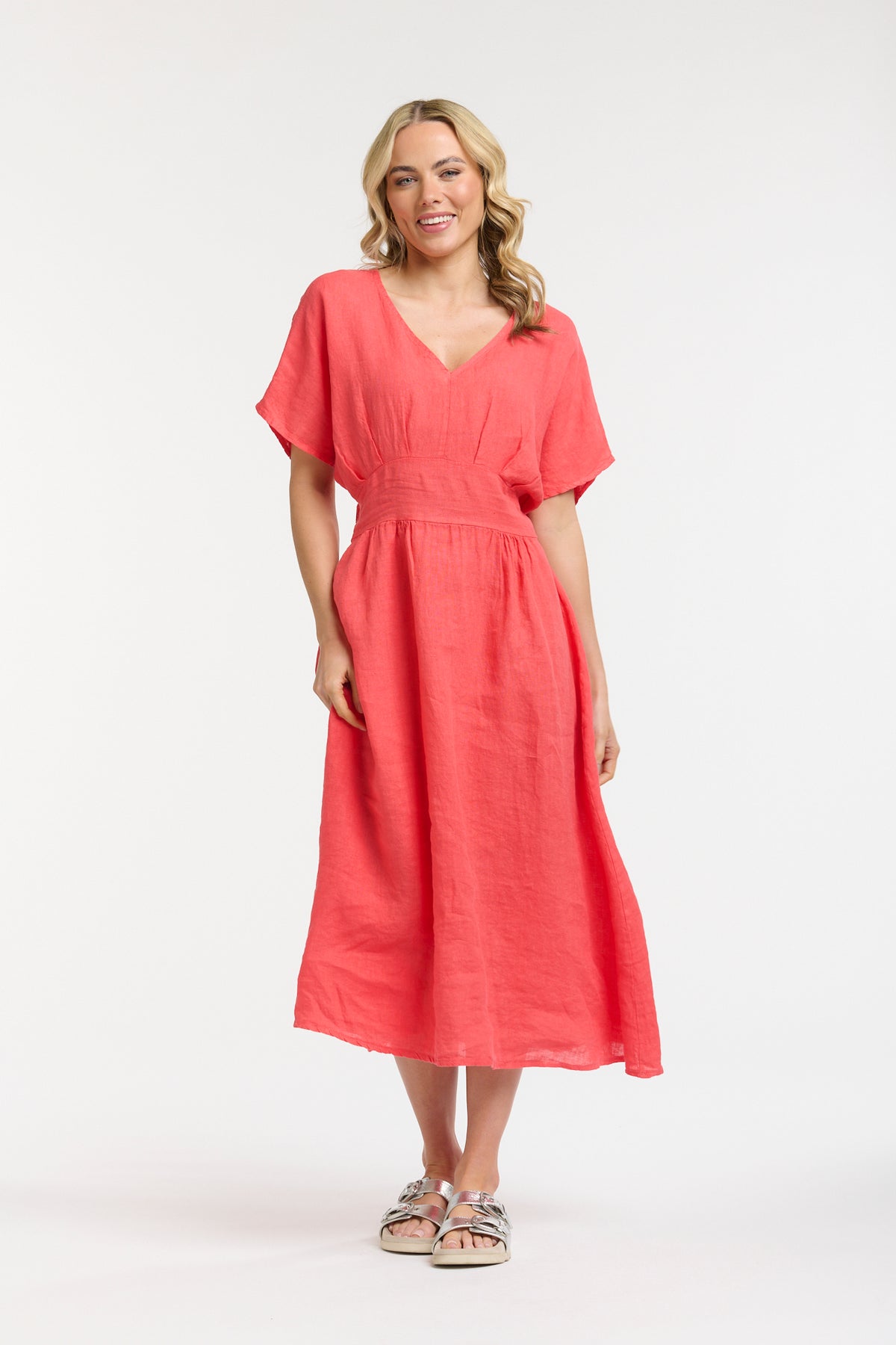Linen Cinched Waist Dress - Coral - One Size
