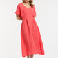 Linen Cinched Waist Dress - Coral - One Size