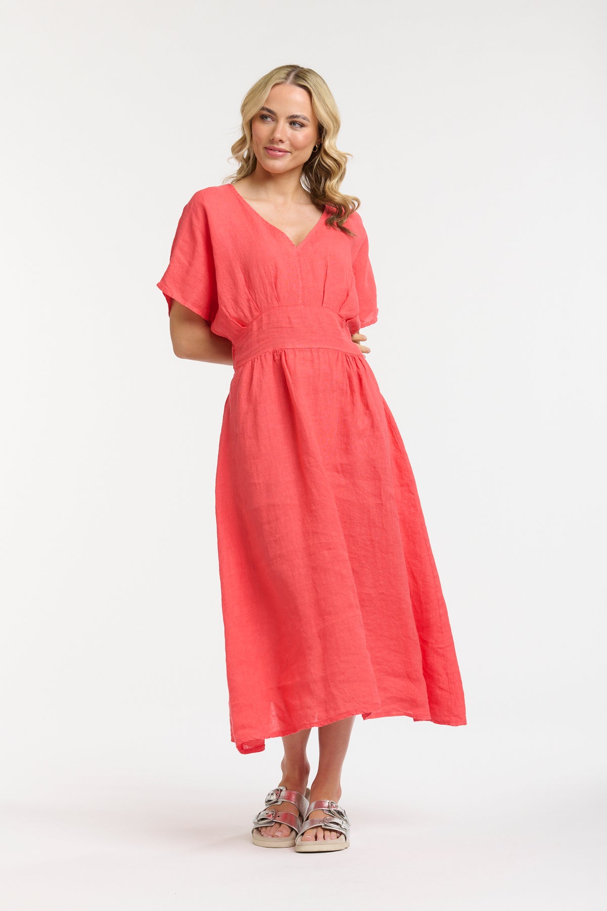 Linen Cinched Waist Dress - Coral - One Size