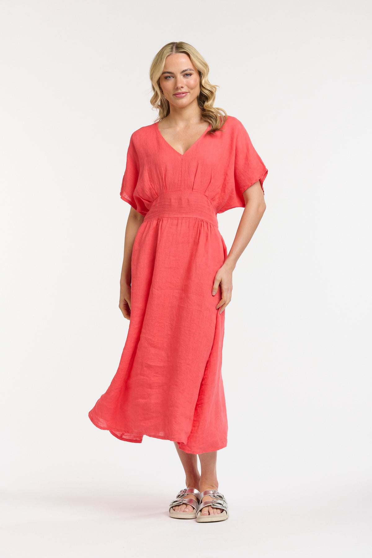 Linen Cinched Waist Dress - Coral - One Size