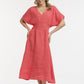 Linen Cinched Waist Dress - Coral - One Size