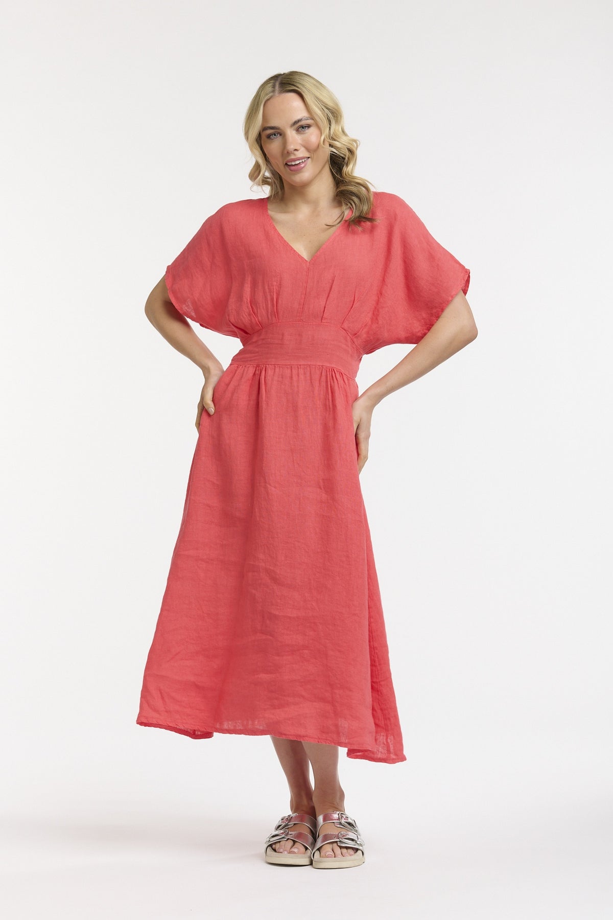 Linen Cinched Waist Dress - Coral - One Size