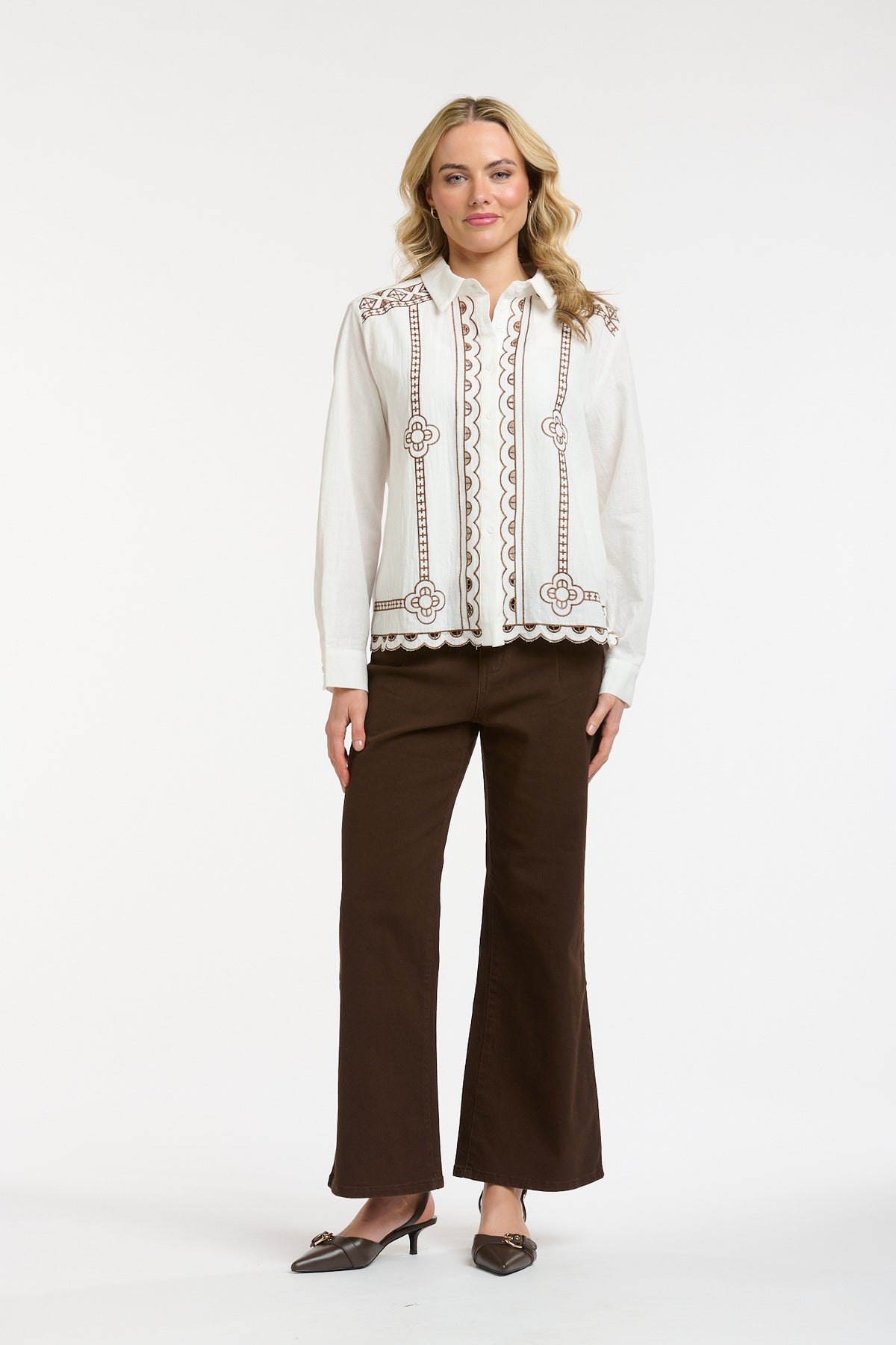 Embroidered Shirt-Cream/Brown - One Size