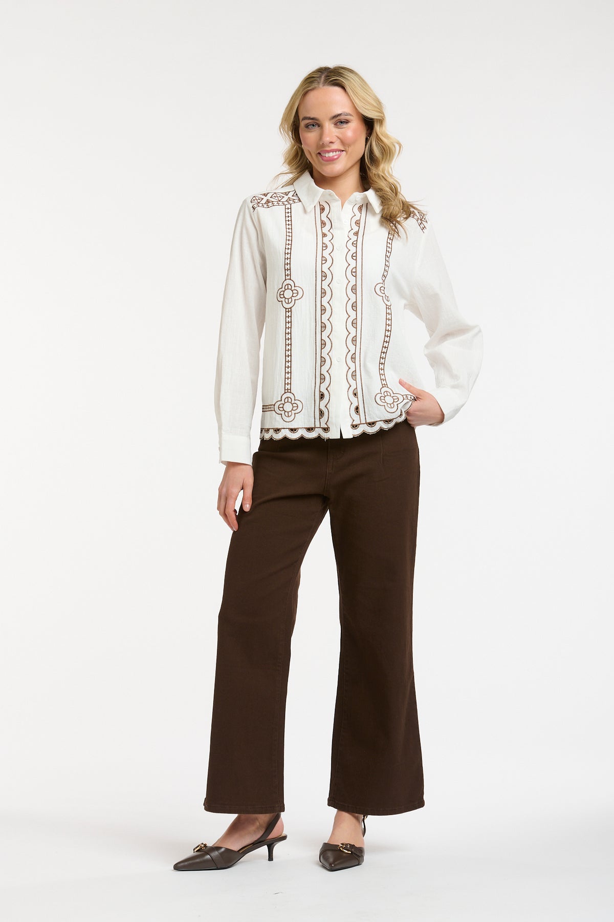 Embroidered Shirt-Cream/Brown - One Size