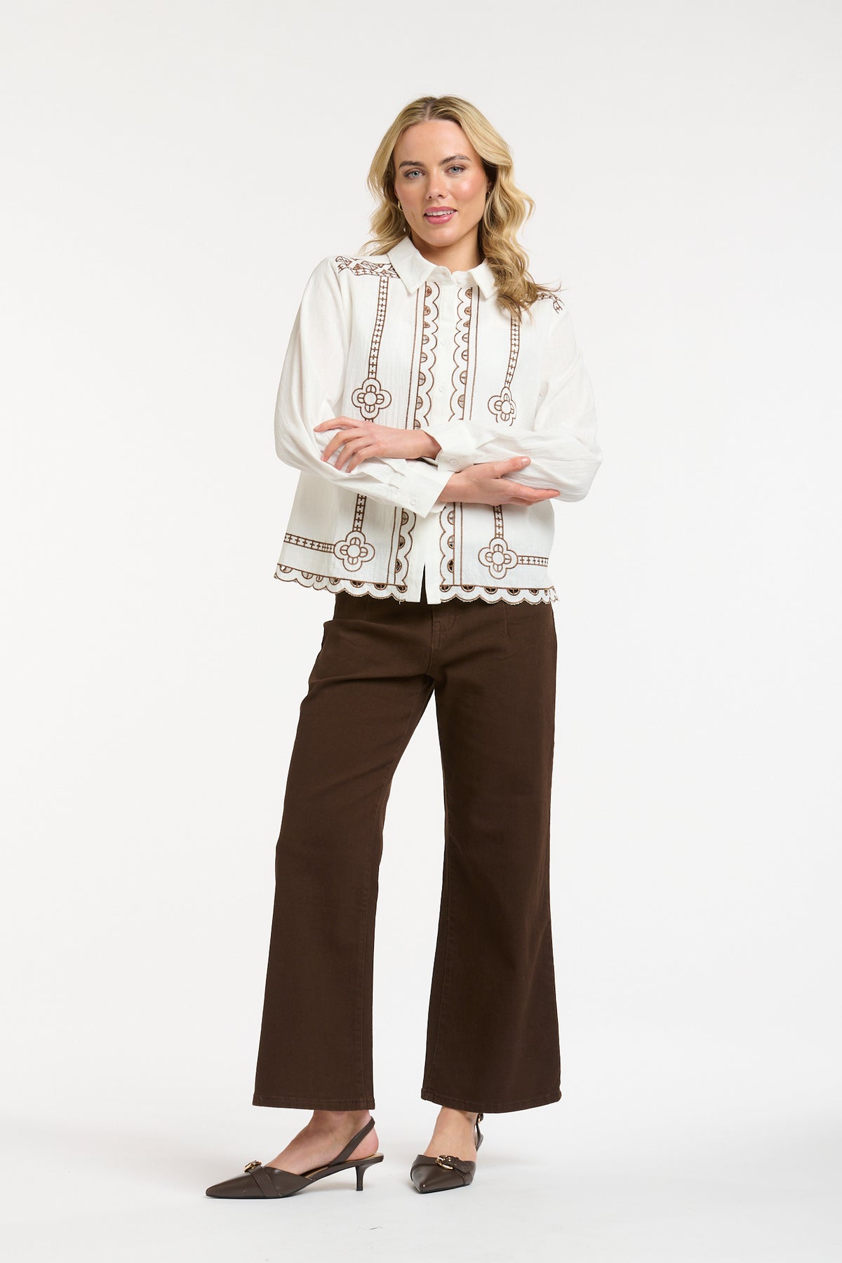 Embroidered Shirt-Cream/Brown - One Size
