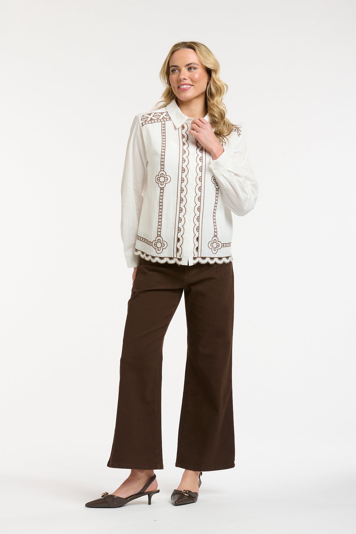 Embroidered Shirt-Cream/Brown - One Size
