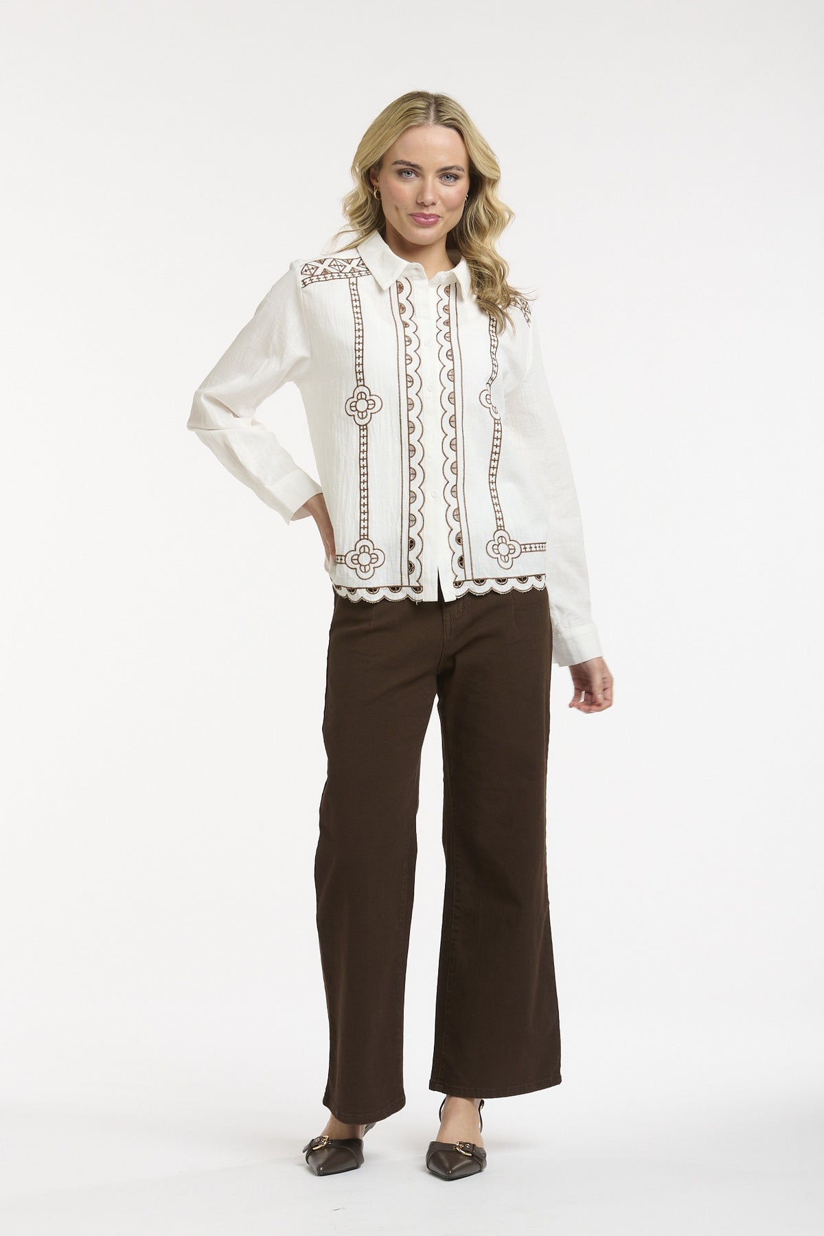 Embroidered Shirt-Cream/Brown - One Size