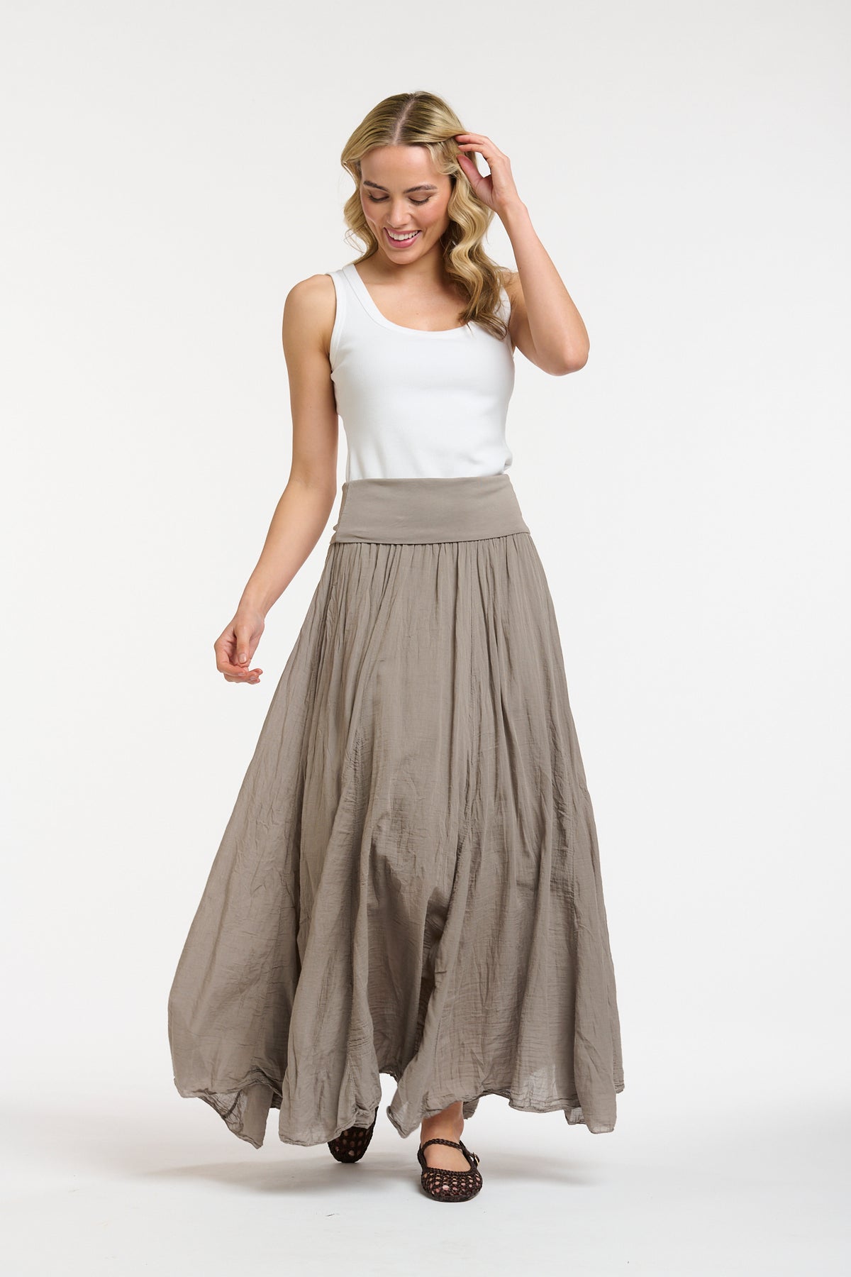 Crinkled Maxi Skirt-Taupe - One Size